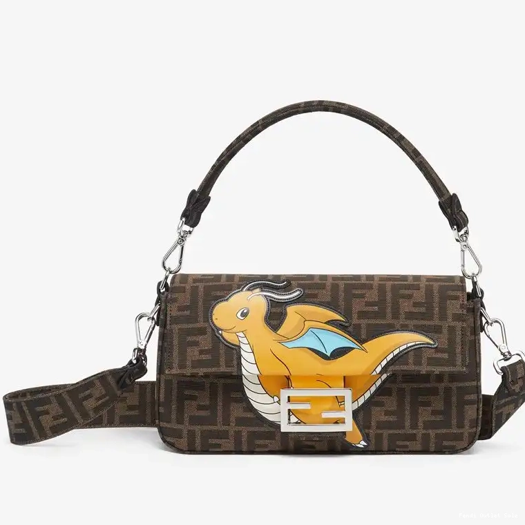 In Yellow Dragon Pokmon Baguette Motif Medium Brown Fabric FF Fendi Bag 0430
